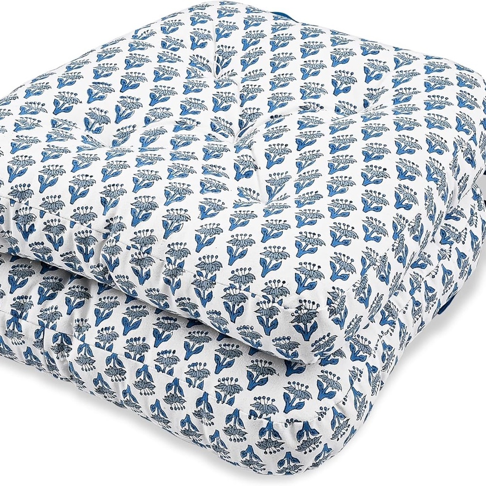 CPC  Blue Hand Block Printed Cotton Chair Cushions Set of 2,Reversible - Picture 2 of 3